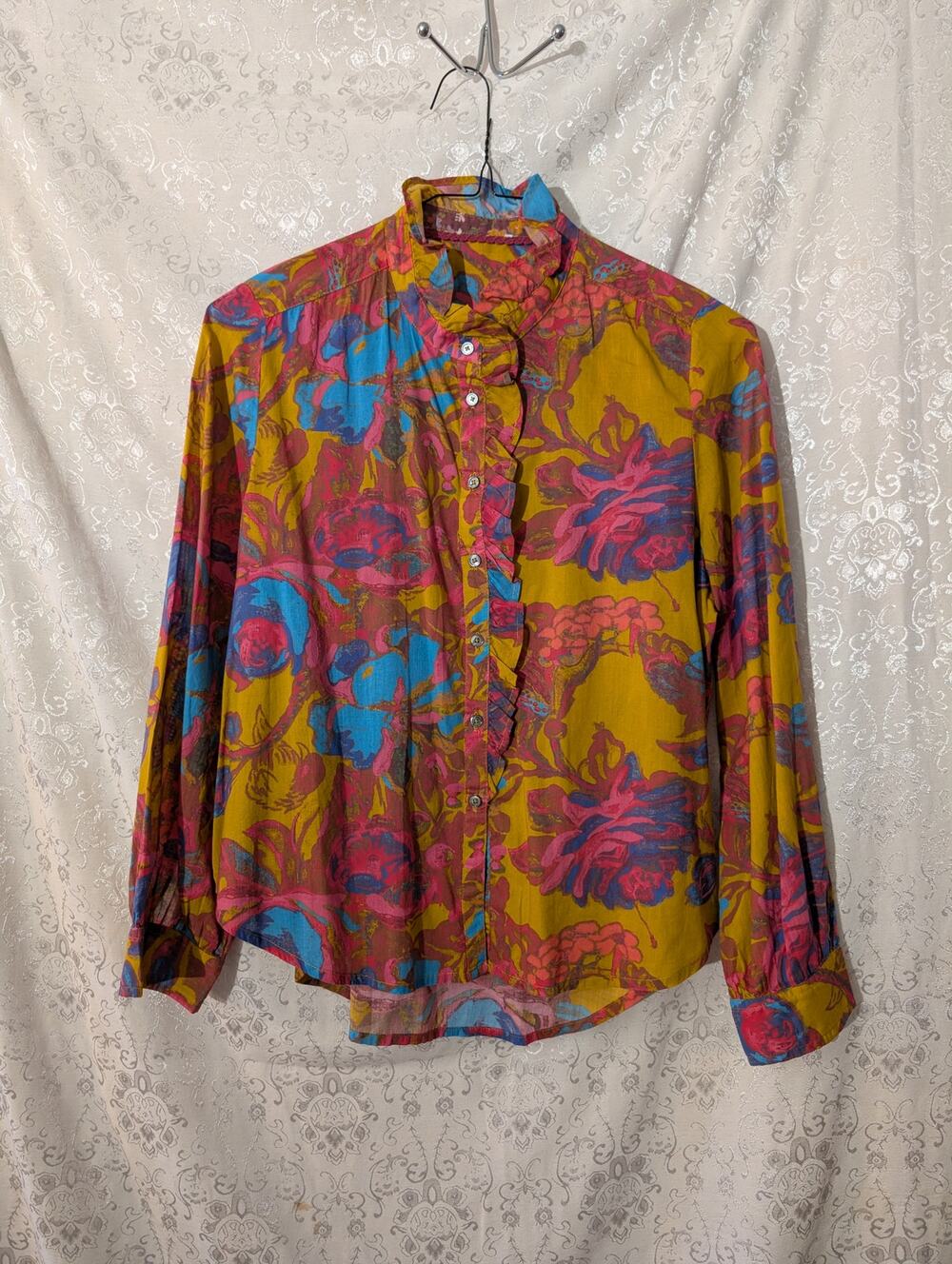 Sundance Multi Color Floral Ruffle Button Down Cotton Blouse Top L